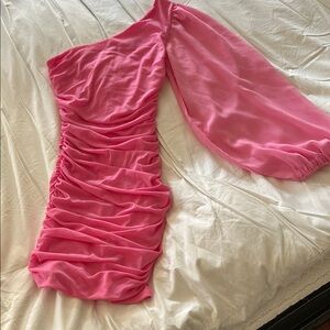 Hello Molly Pink Ruched Bodycon Dress with Long Bishop Sleeve
